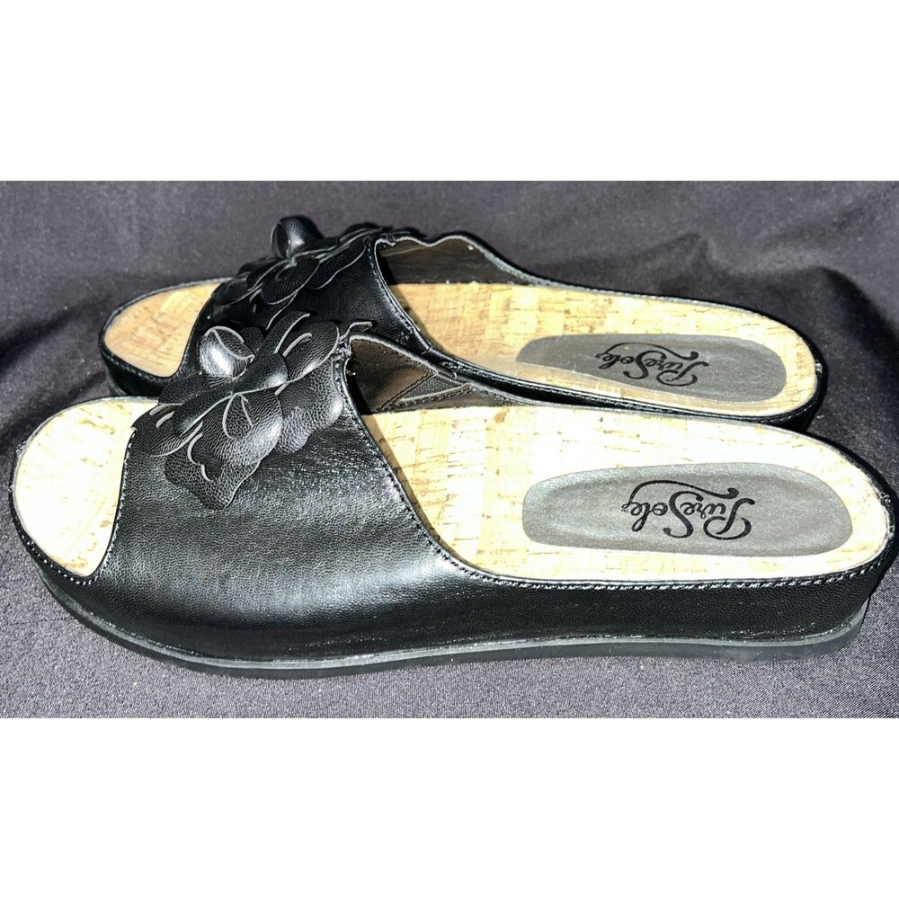 Pure Sole Cork Insole Sandals black leather with floral accent Women Sz 8 - Picture 3 of 14